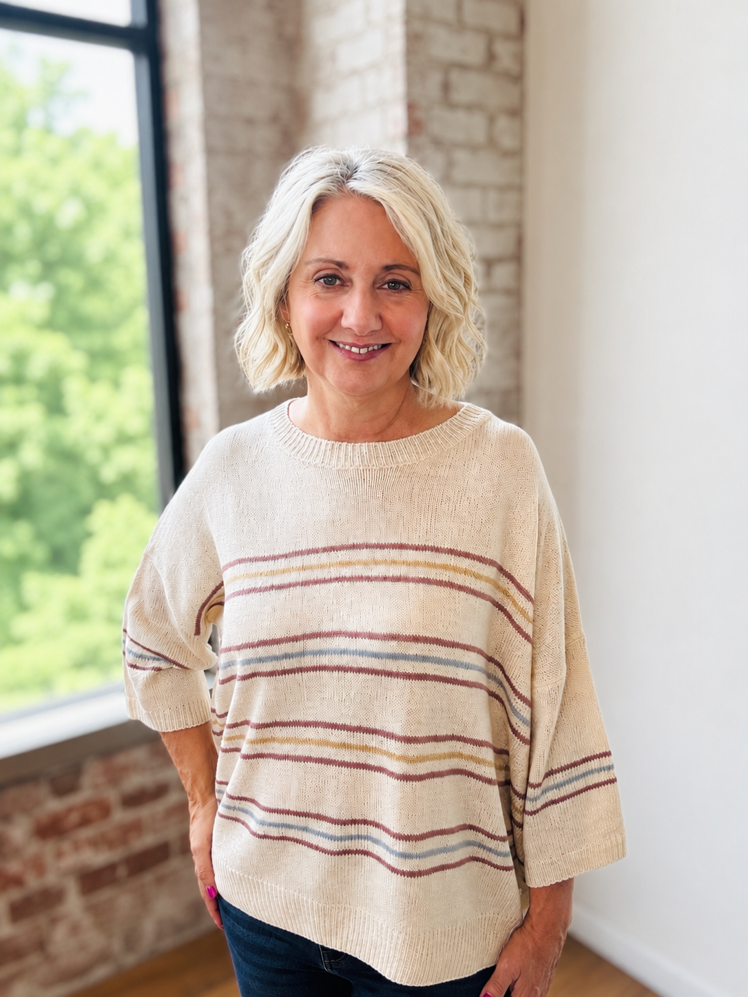 CREAM STRIPE 3/4 SLEEVE LIGHTWEIGHT KNIT SWEATER