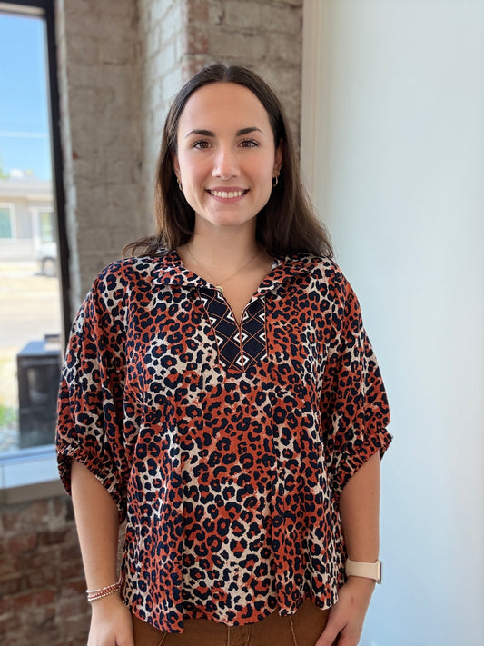 ORANGE AND ANIMAL PRINT BLOUSE