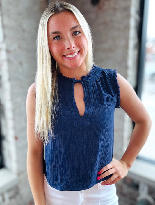 Navy Gauze Front Tie Tank