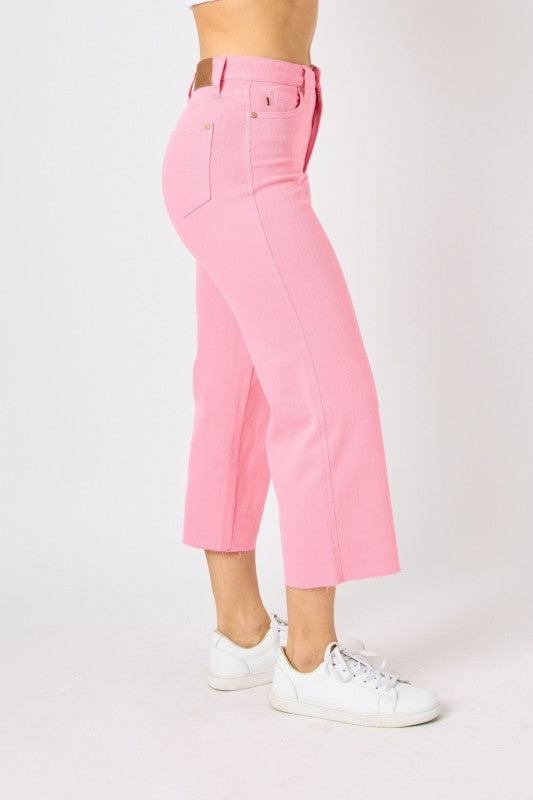 JUDY BLUE PINK TUMMY CONTROL HIGH-WAIST WIDE l-LEG CROP DENIM