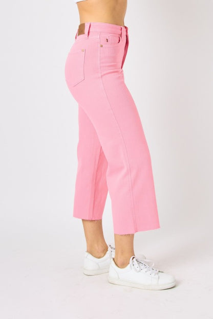 JUDY BLUE PINK TUMMY CONTROL HIGH-WAIST WIDE l-LEG CROP DENIM