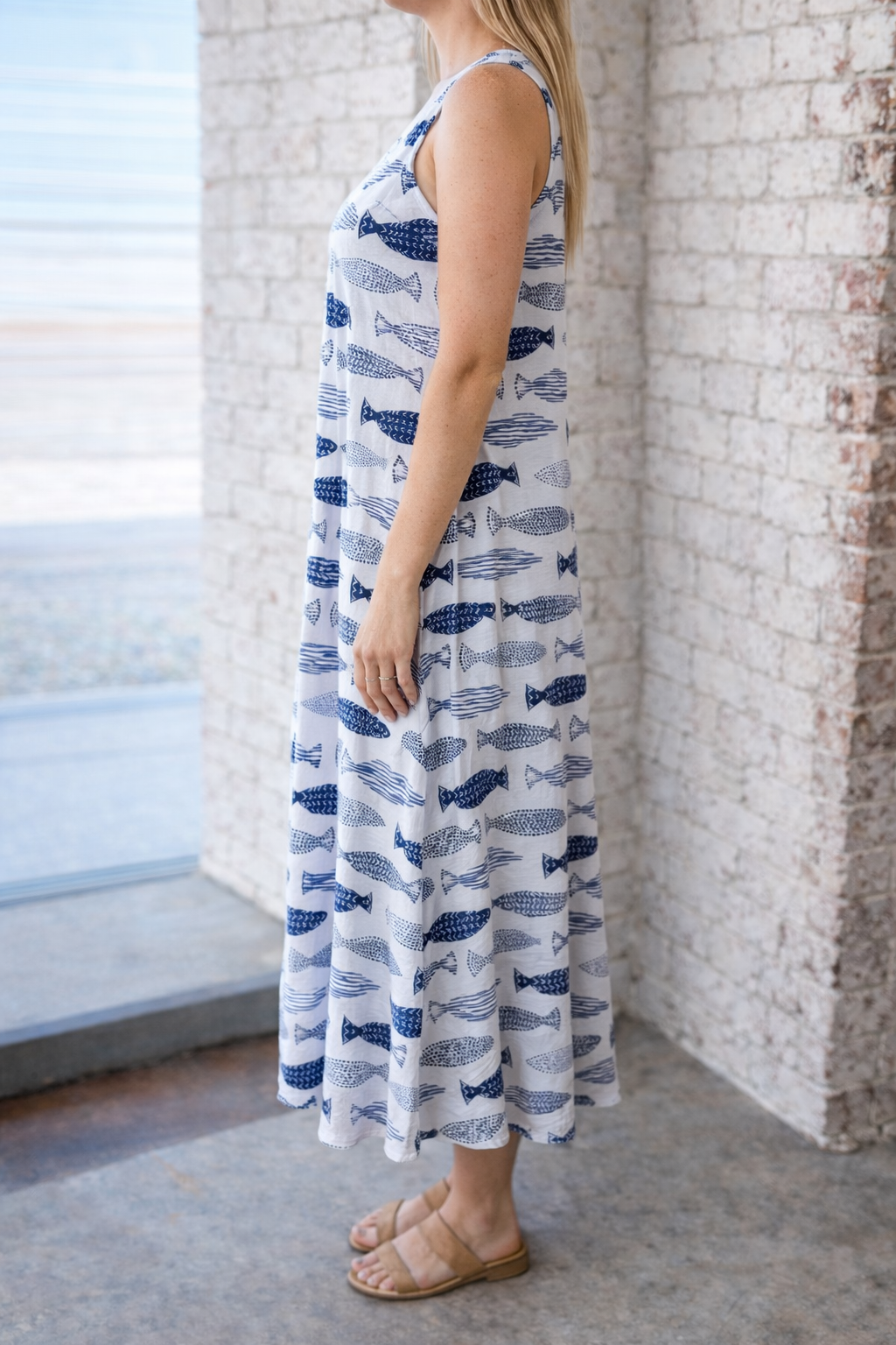 Blue Fish Print Sleeveless Maxi Dress