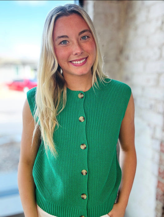 Kelly Green Button Down Sleeveless Sweater Vest