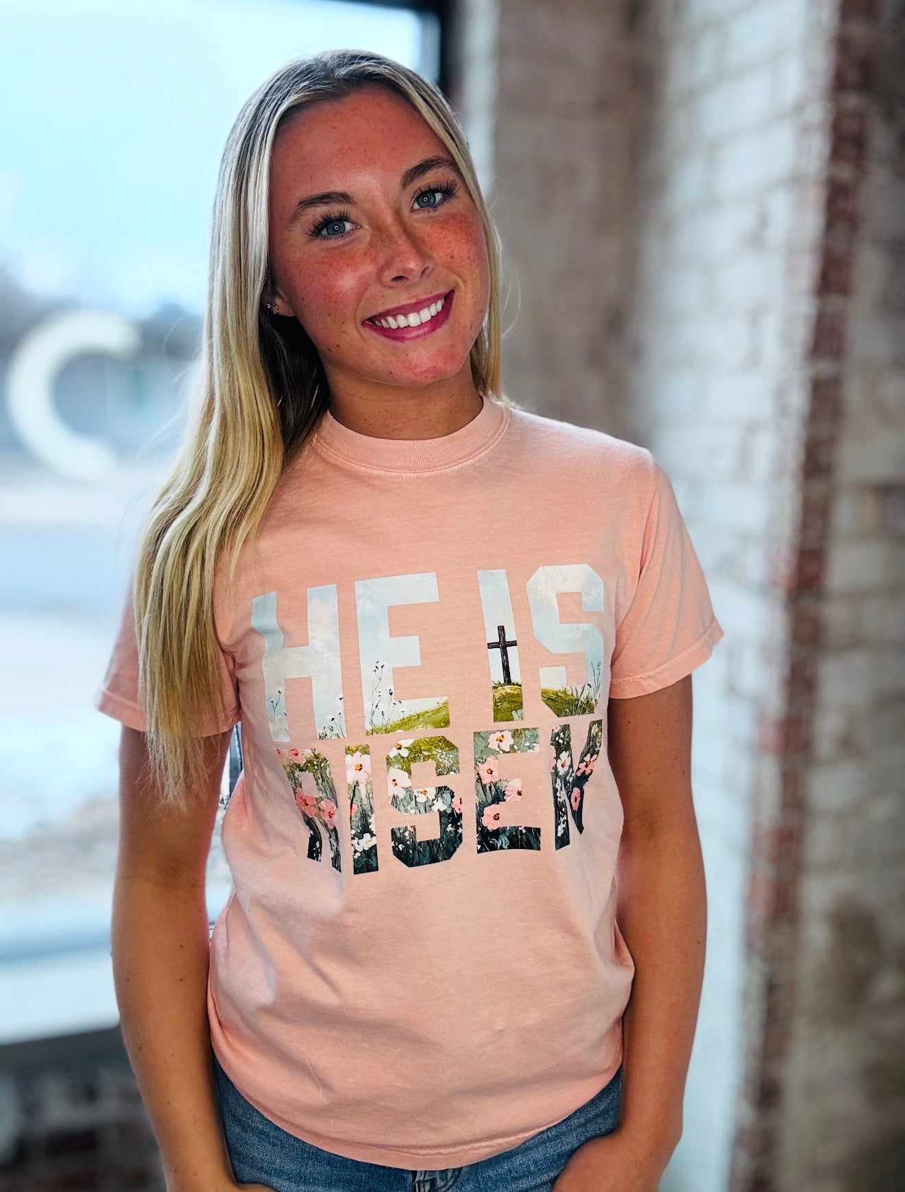 Soft Pink Blush He is Risen Graphic Tee