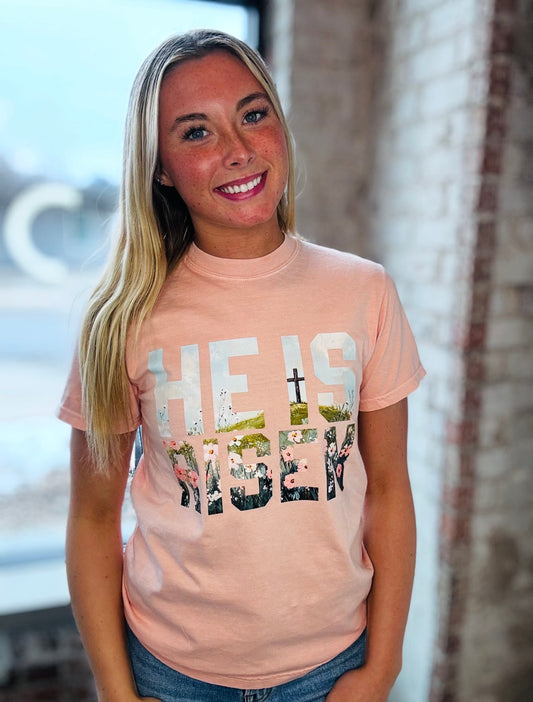Soft Pink Blush He is Risen Graphic Tee