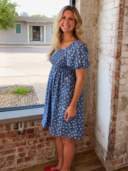 BLUE FLORAL PRINT BABYDOLL DRESS