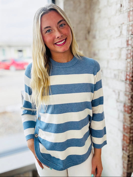 Denim Blue & Ivory Stripe Lightweight Sweater
