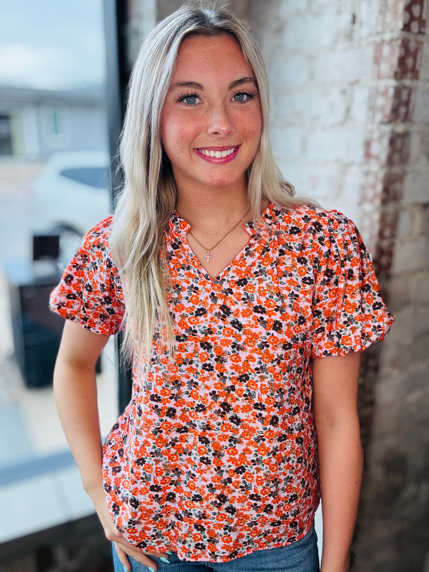 Orange & Navy Floral Top