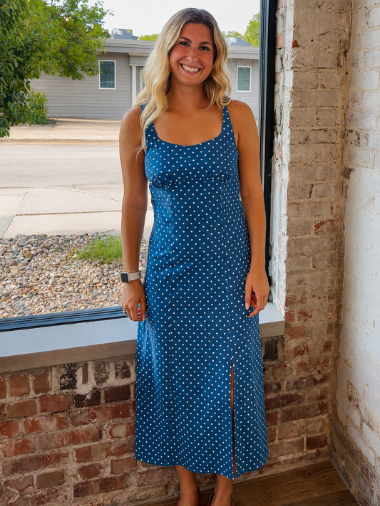 LILA POLKA DOT MIDI DRESS
