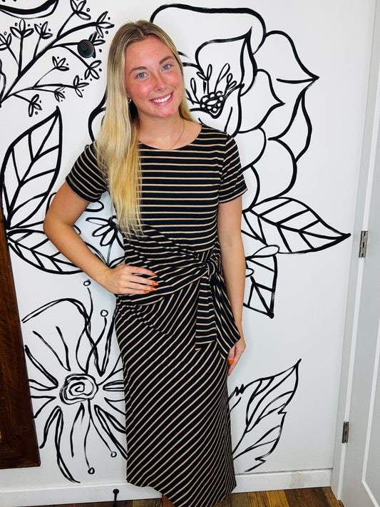 BLACK & LATTE STRIPE TIE WAIST MAXI DRESS