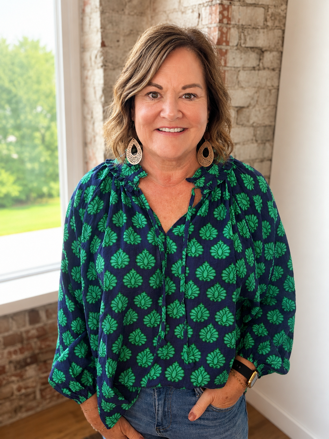 NAVY & KELLY GREEN PRINT BLOUSE