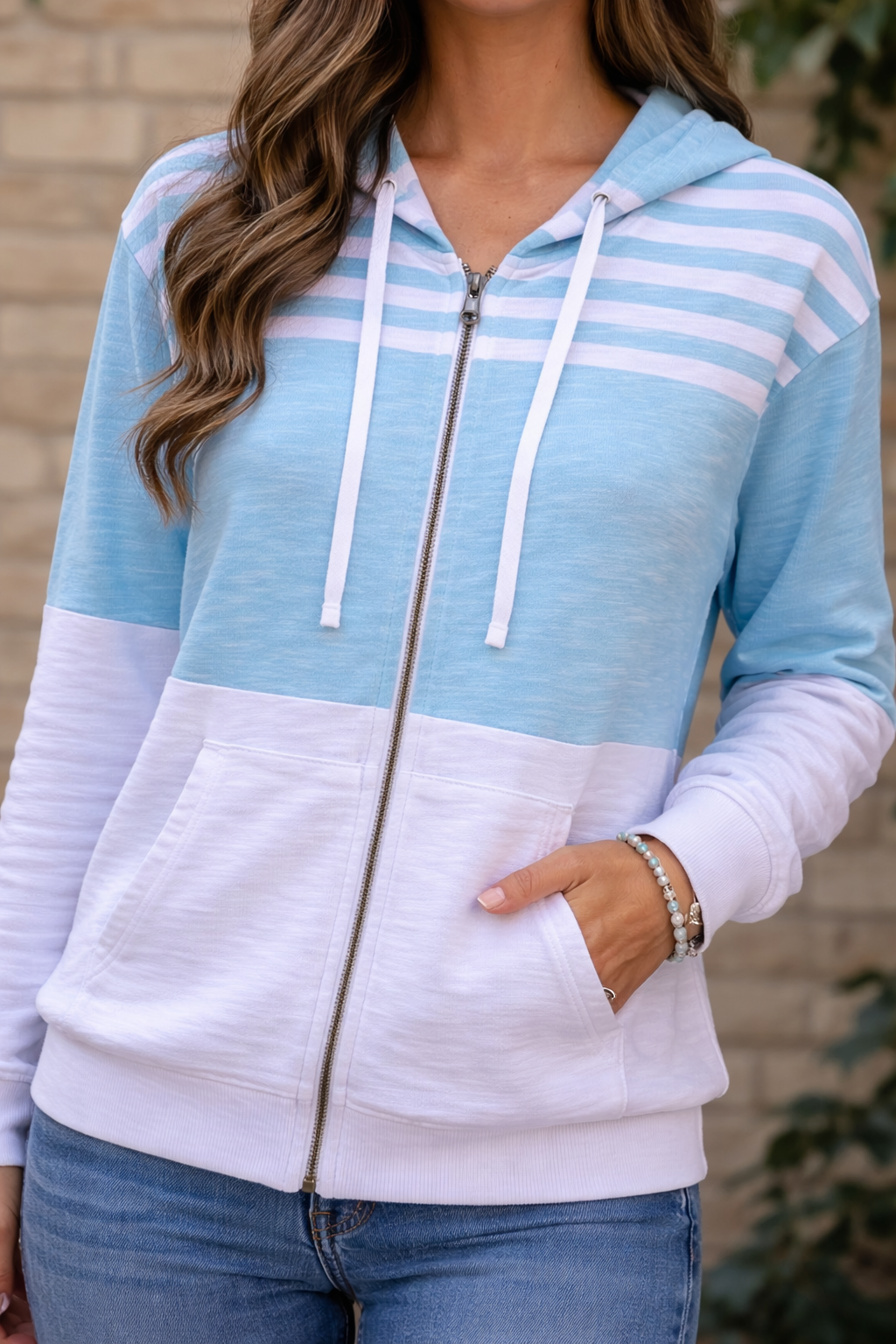 Wild Palms Turquoise & White Striped Color Block Zip-Front Hoodie