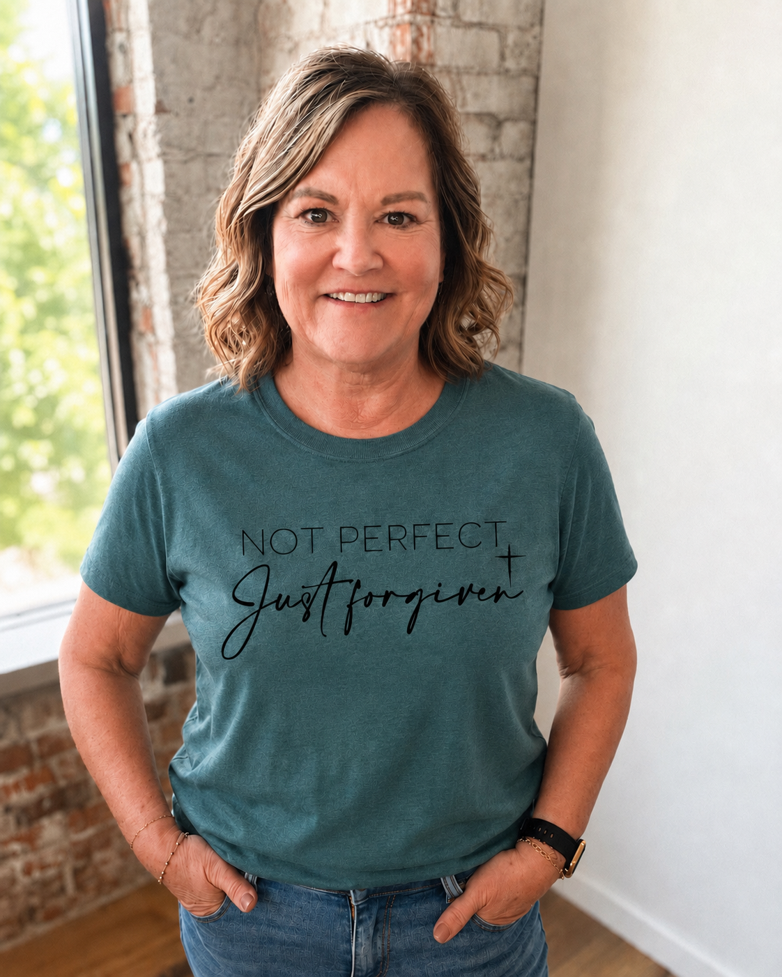 DUSTY TEAL “NOT PERFECT JUST FORGIVEN” GRAPHIC TEE