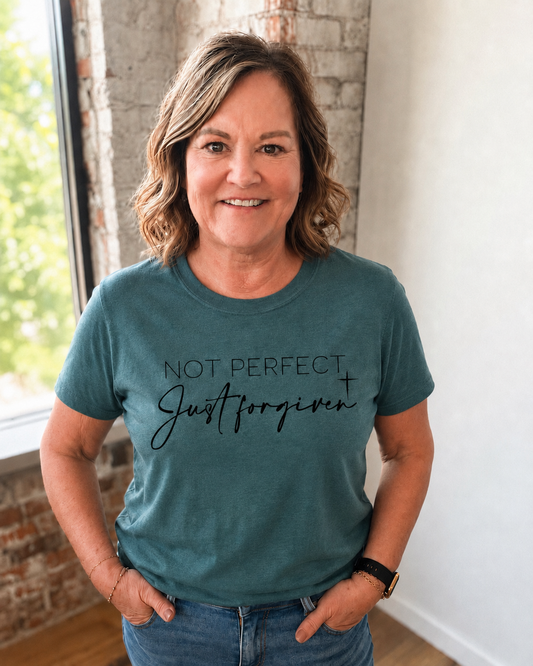 DUSTY TEAL “NOT PERFECT JUST FORGIVEN” GRAPHIC TEE