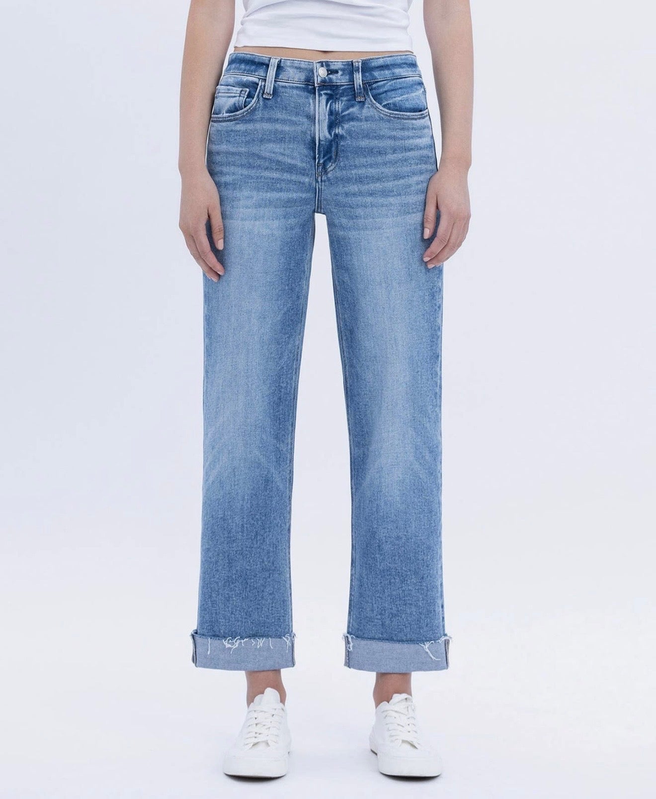 FLYING MONKEY MEDIUM-WASH HIGH-RISE CUFFED STRAIGHT DENIM