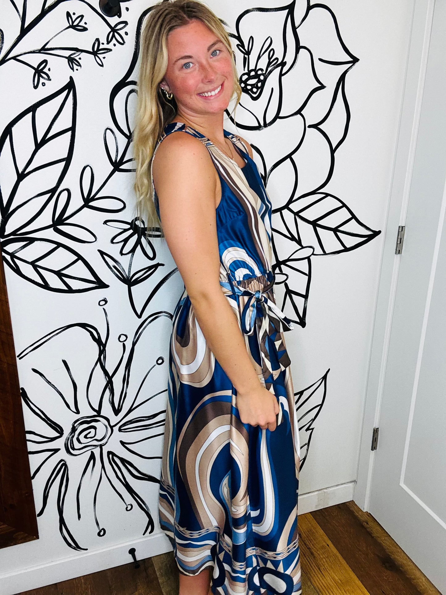 NAVY PRINT MAXI SLEEVELESS DRESS