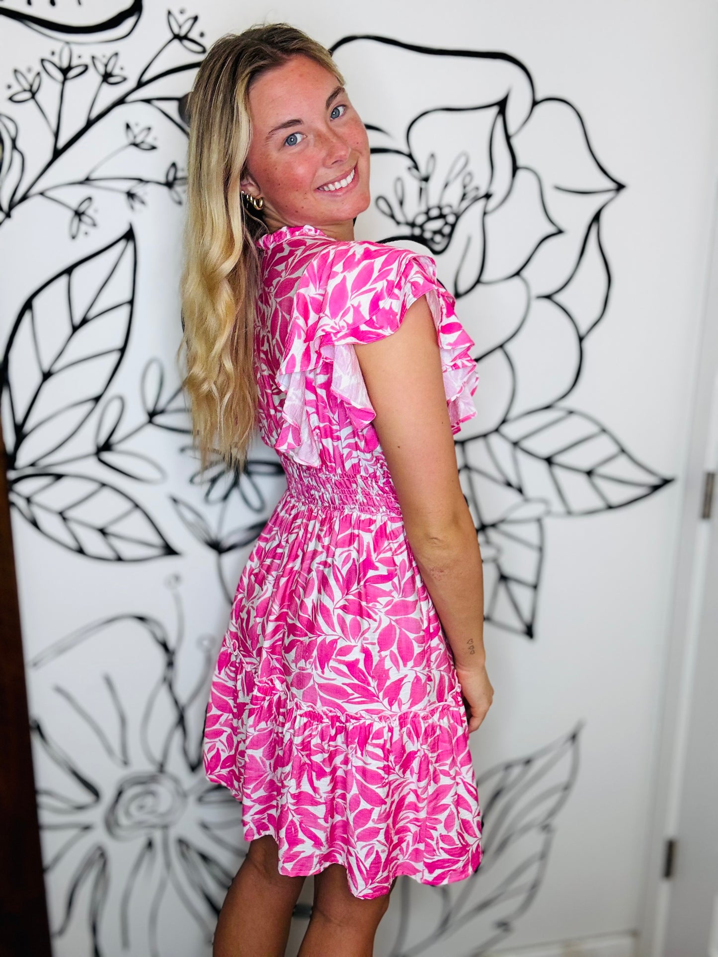 PINK FLORAL PRINT TIERED DRESS