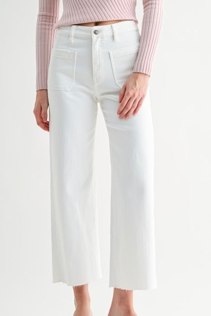 MICA WHITE WIDE LEG CROP WITH PATCH POCKETS