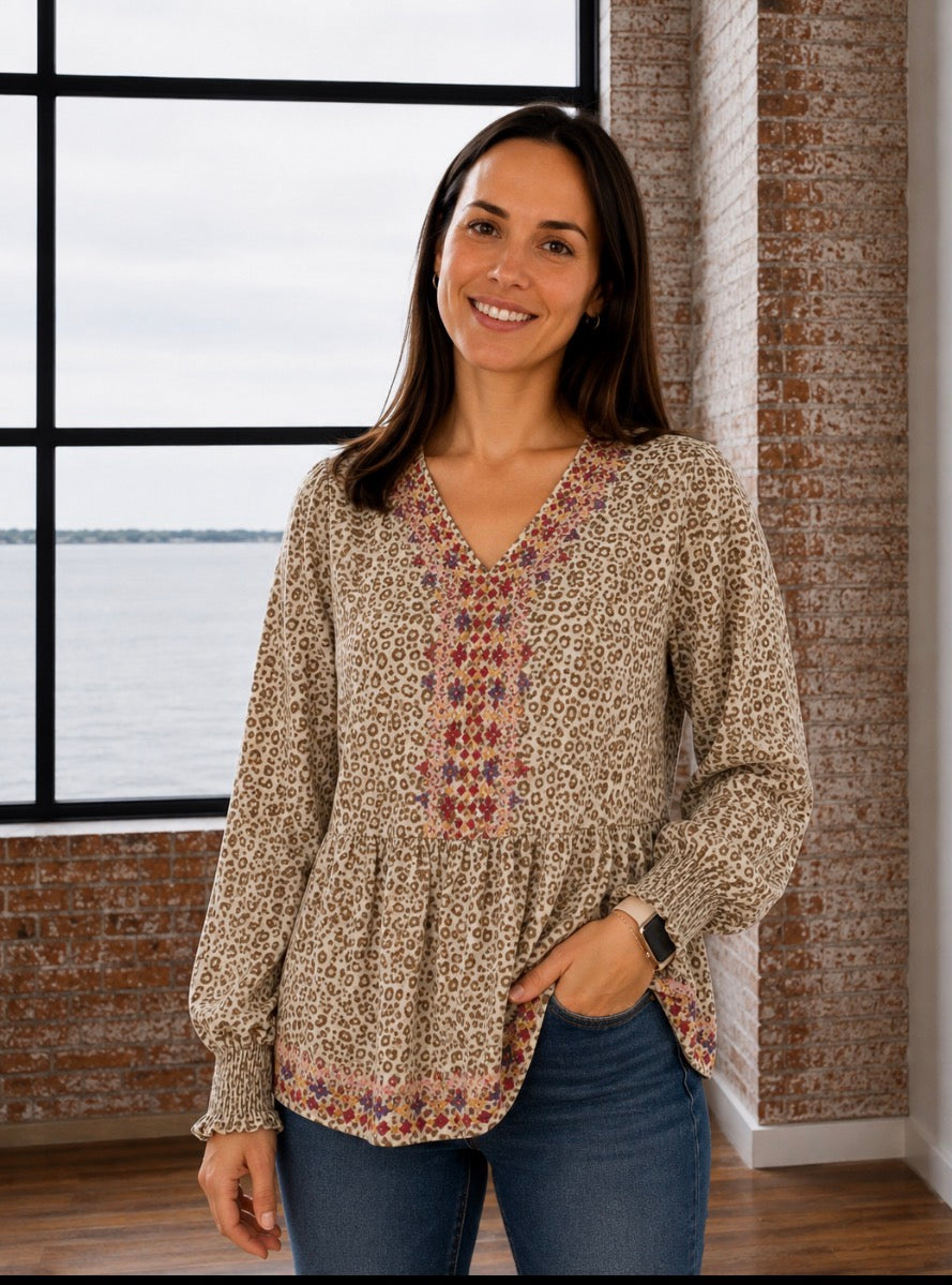 EMBROIDERED FLOWY ANIMAL PRINT LONG SLEEVE