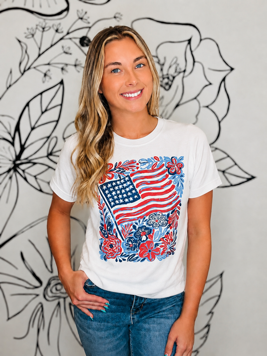 WHITE “FLORAL FLAG” GRAPHIC TEE