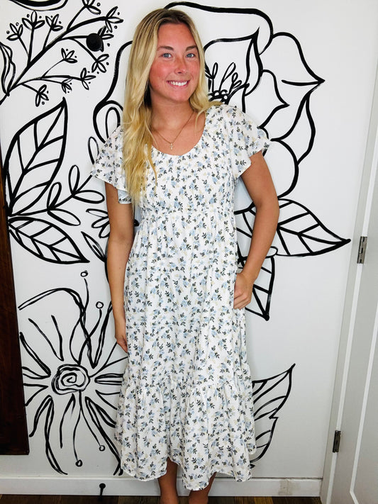IVORY FLORAL PRINT MIDI DRESS