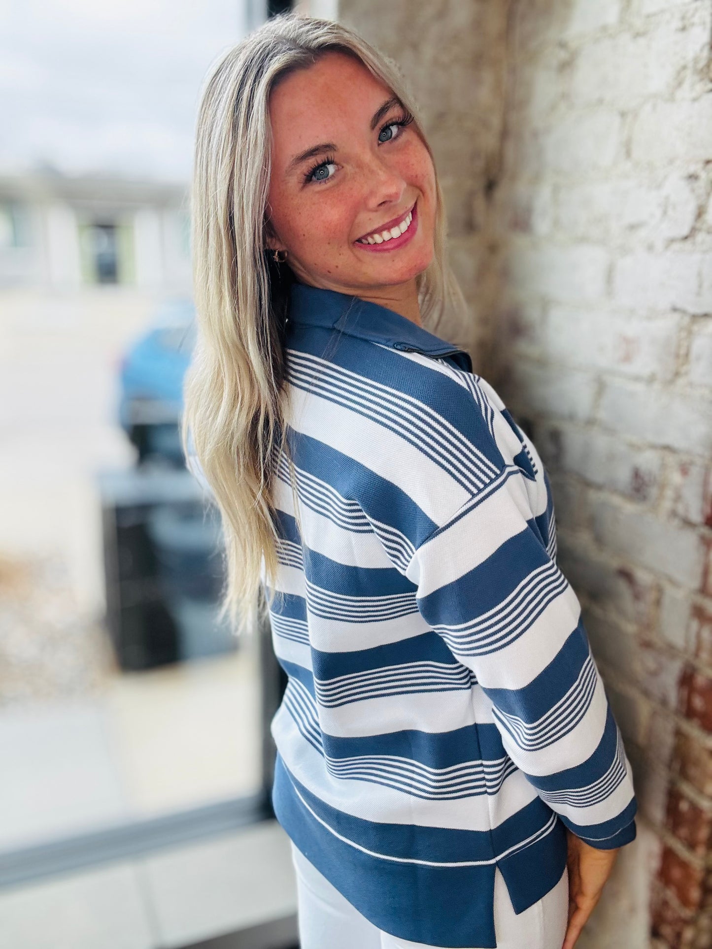 Denim Blue & White Stripe Pullover