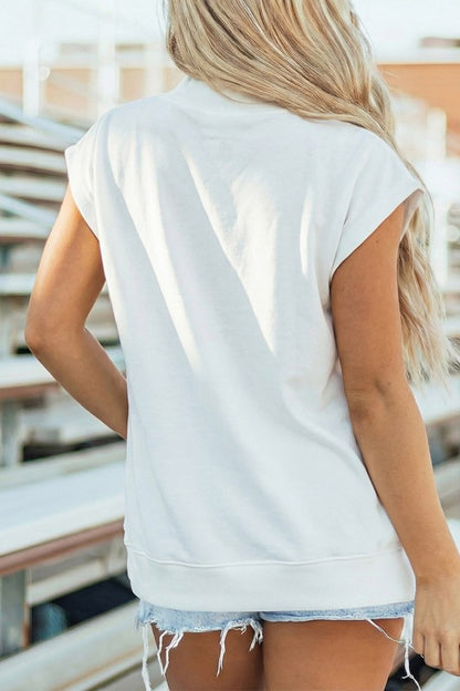 WHITE USA EMBROIDERED HIGH NECK CAP SLEEVE TOP