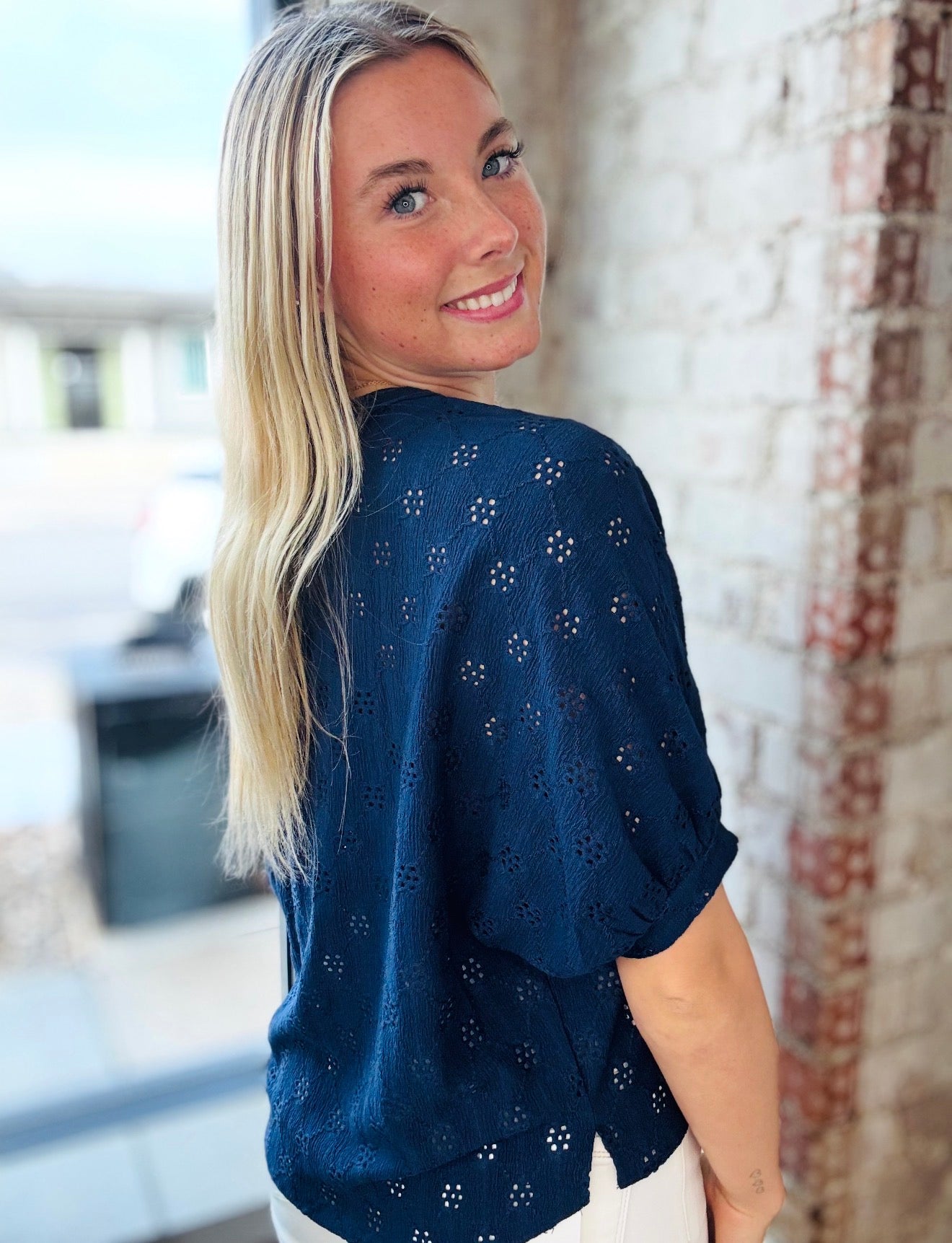 Navy Eyelet Short Sleeve Top