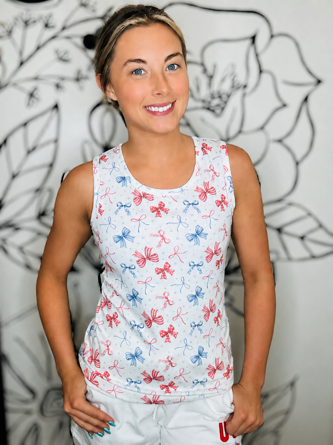 IVORY RED & BLUE BOW TANK TOP