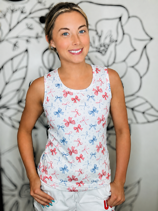 IVORY RED & BLUE BOW TANK TOP