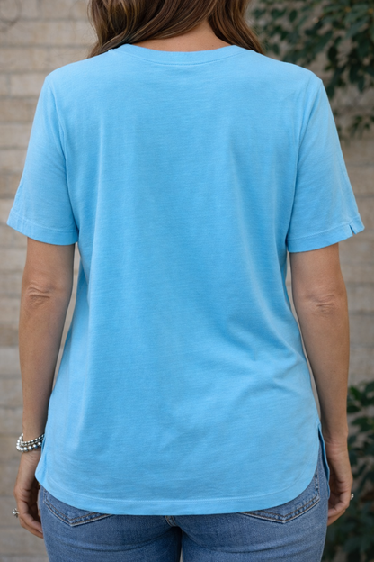 Wild Palms Turquoise Elbow Sleeve Curved Hem Tee