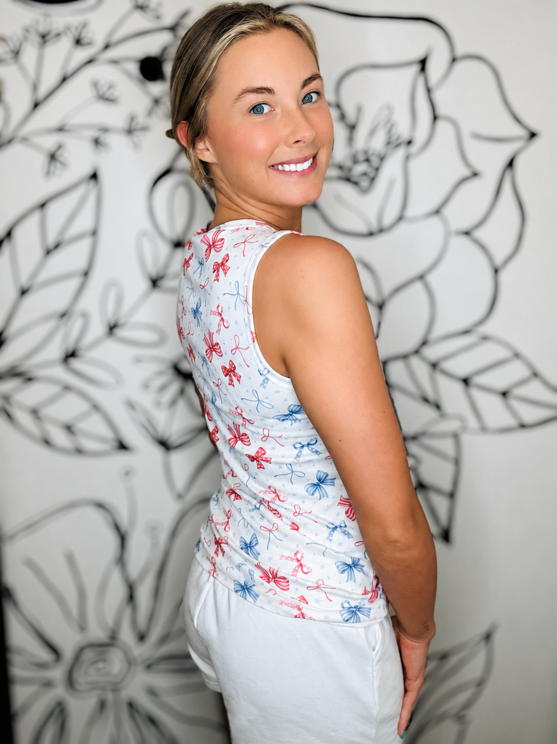 IVORY RED & BLUE BOW TANK TOP