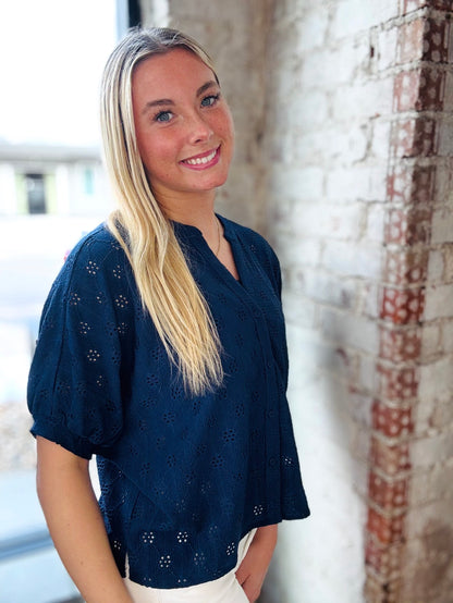 Navy Eyelet Short Sleeve Top