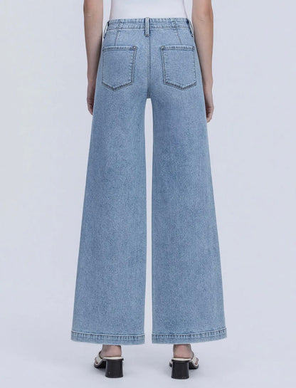 FLYING MONKEY LIGHT-WASH HIGH-RISE TROUSER HEM TWIST WIDE-LEG DENIM