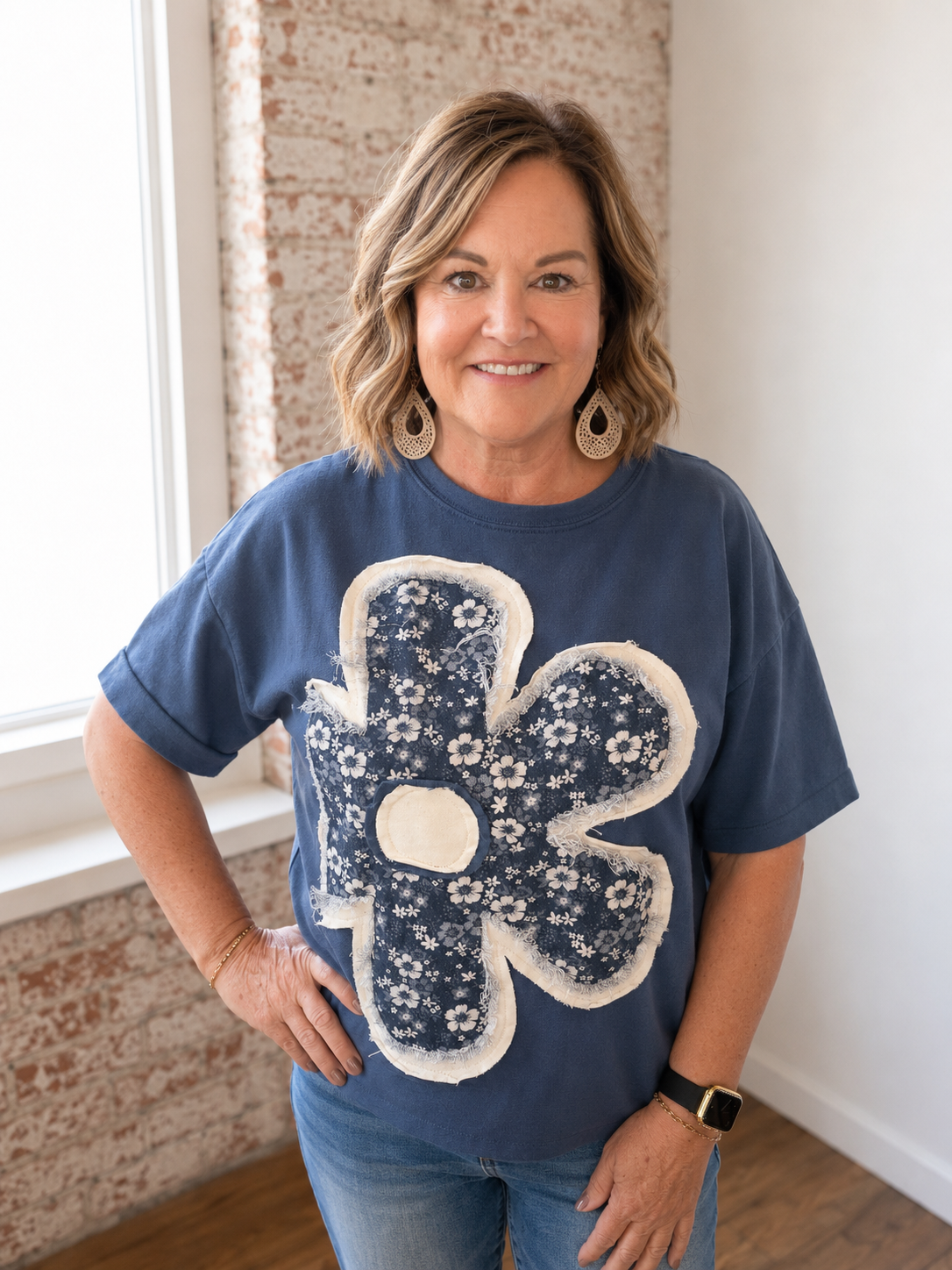SAGE & FIG DENIM BLUE PATCHWORK FLORAL TOP