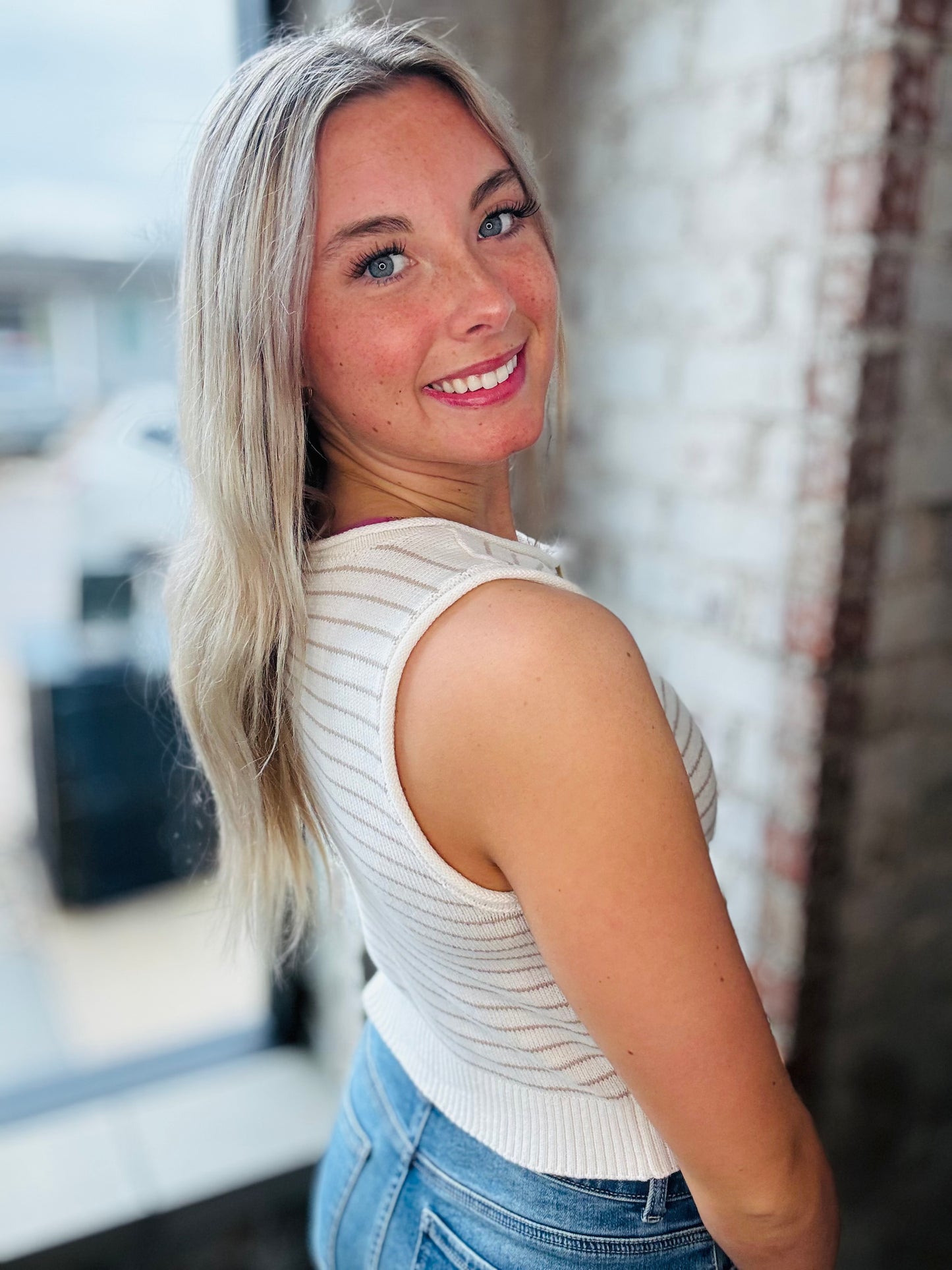 Mocha Stripe Button Down Sleeveless Top