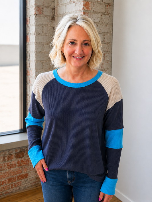 NAVY RIBBED COLOR BLOCK TOP