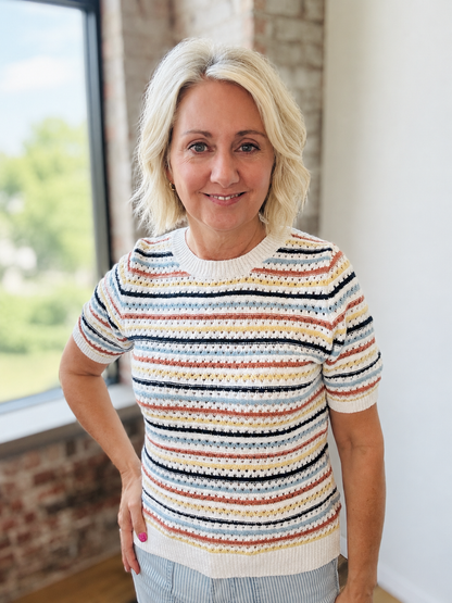 TEXTURED STRIPE SHORT SLEEVE SWEATER