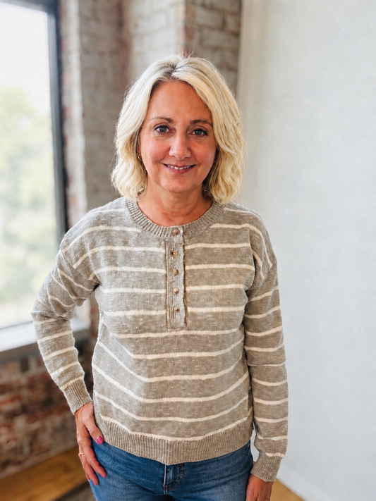TAUPE & CREAM HENLEY STRIPE SWEATER