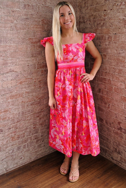 Bright Pink Floral Midi Dress