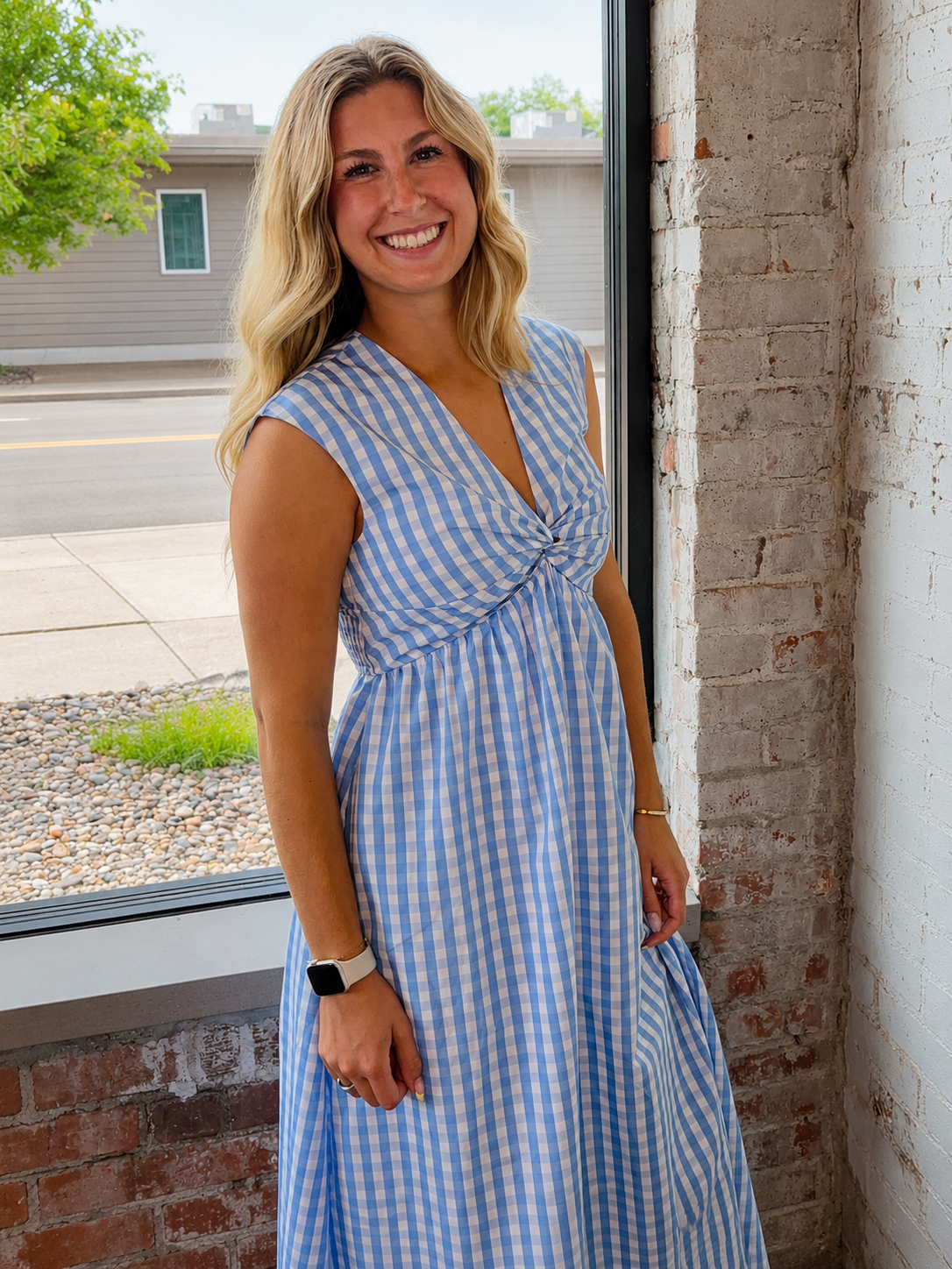 BLUE SKIES BLUE GINGHAM MIDI DRESS