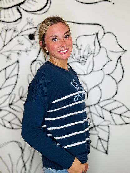 SHIRALEAH CHICAGO NAVY STRIPE “LAKE” GRAPHIC SWEATER
