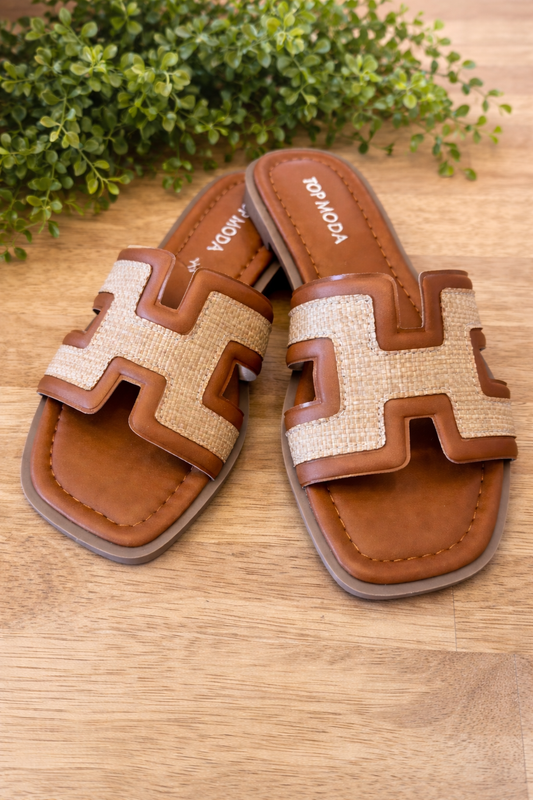 Cognac and Rattan Slip-on Sandal