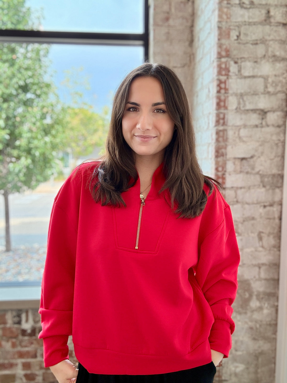 CHERRY-RED QUARTER ZIP TOP