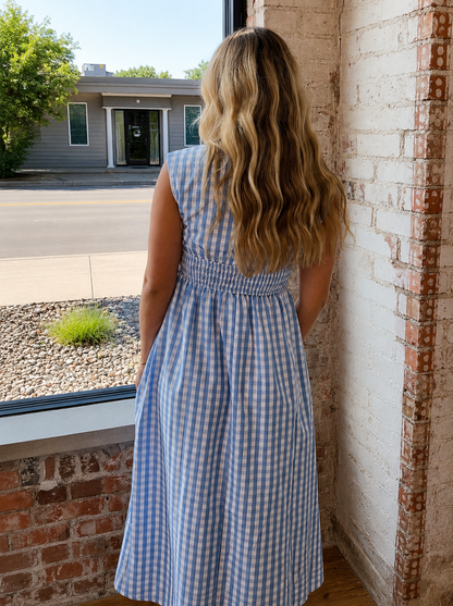 BLUE SKIES BLUE GINGHAM MIDI DRESS