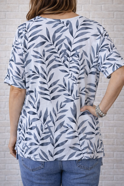 Wild Palms White & Denim Leaves Side Pocket Top