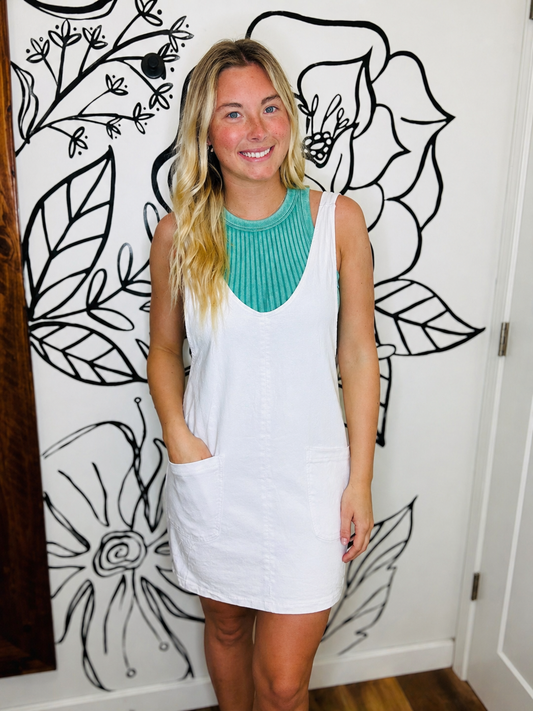 WHITE DENIM OVERALL-STYLE MINI DRESS