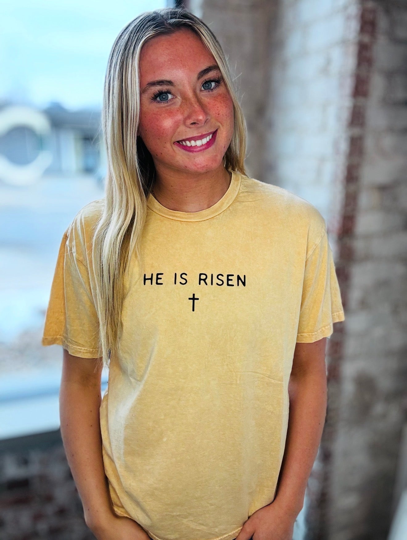 Soft Mustard “He is Risen” Graphic Tee