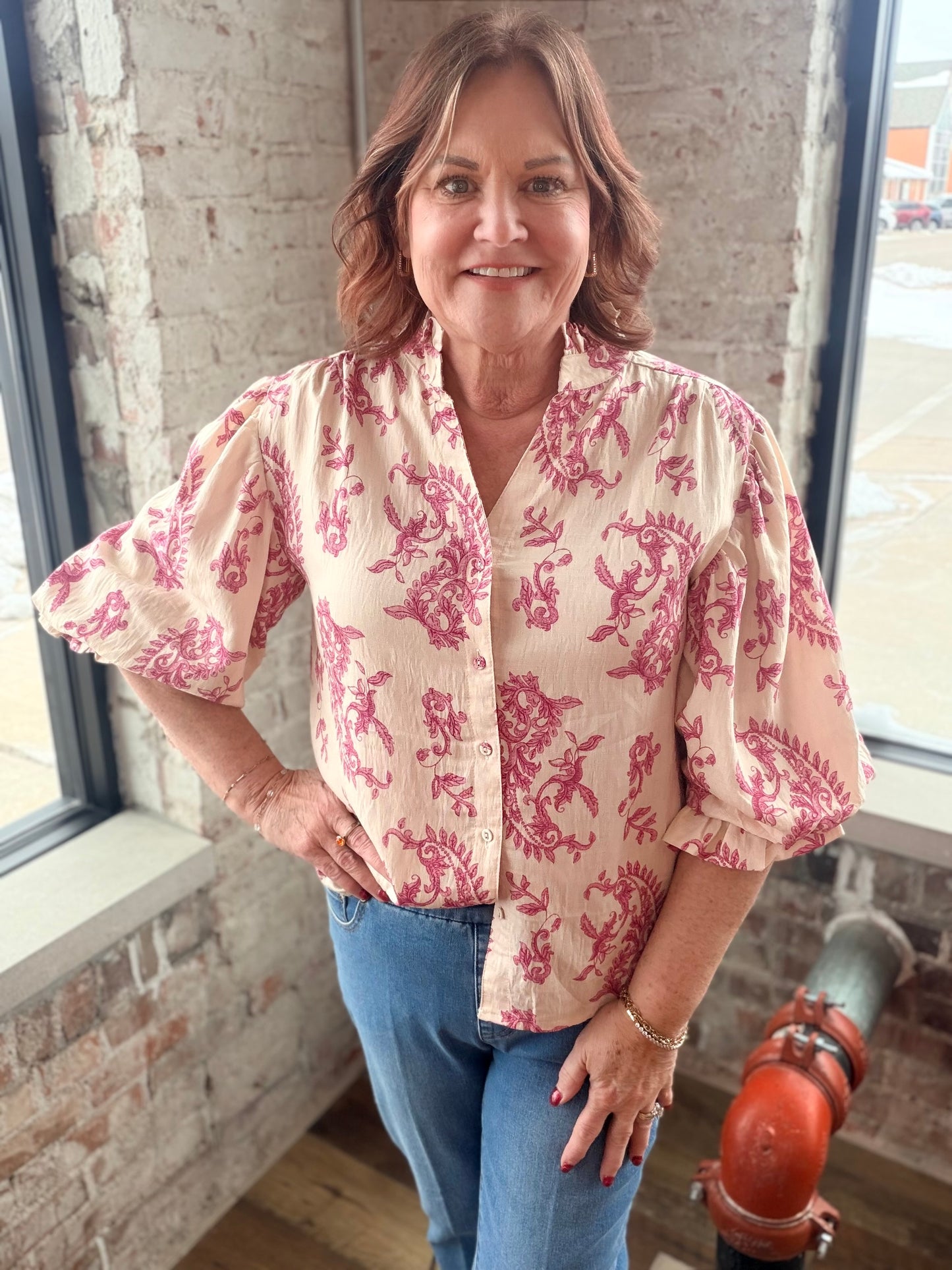 Ivory & Raspberry Print Blouse