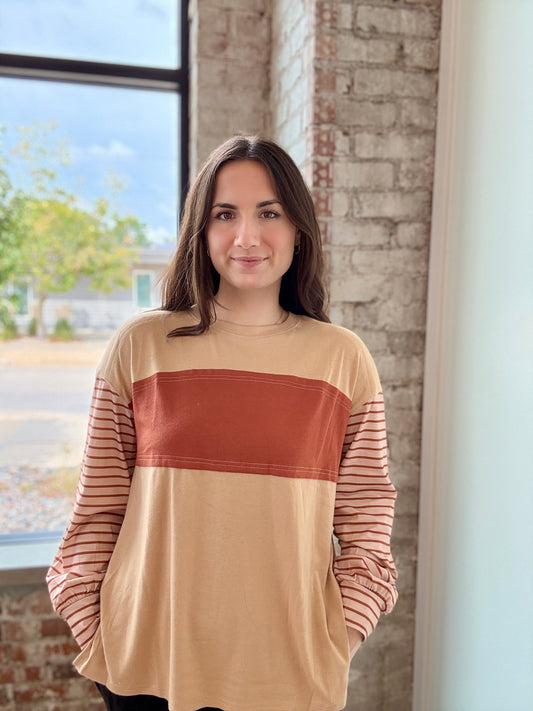 TAN / BURNT ORANGE LONG SLEEVE TOP